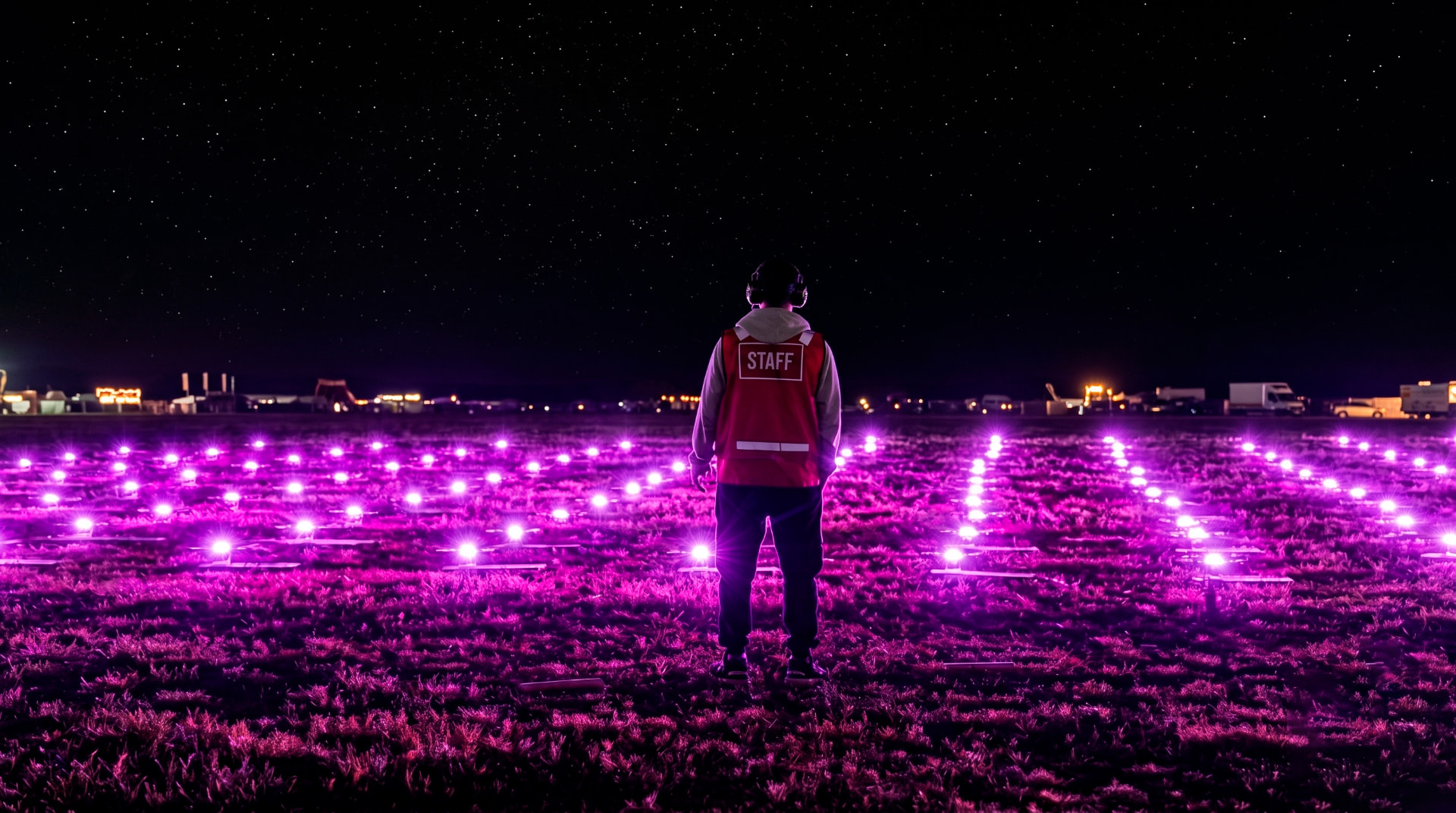 Miembro del staff supervisando la grilla de drones en el campo antes del show