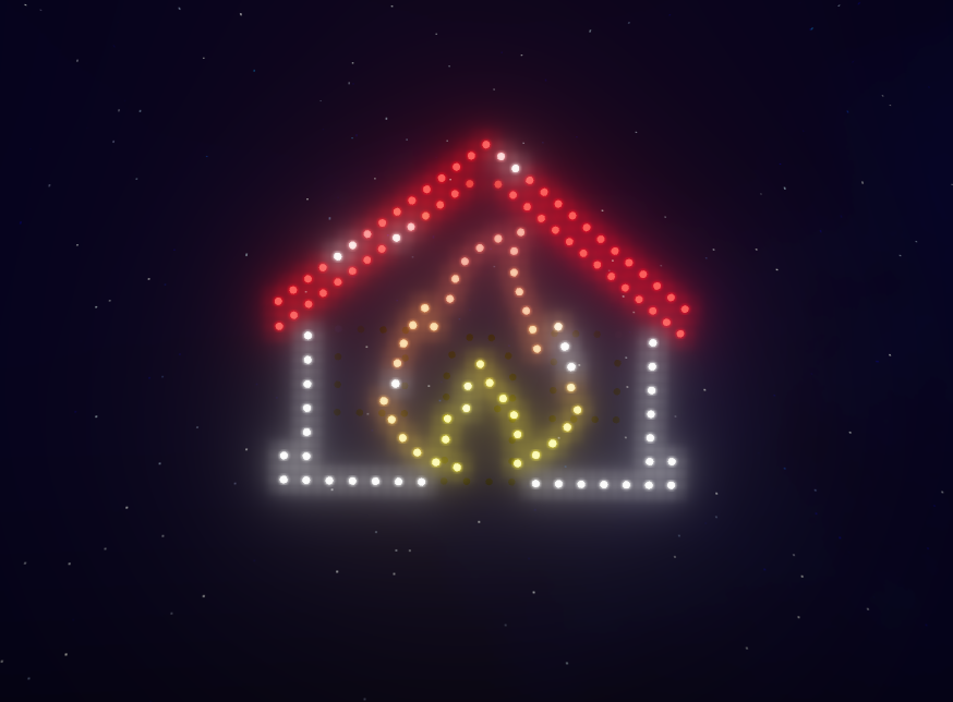 Casa en llamas formada por drones